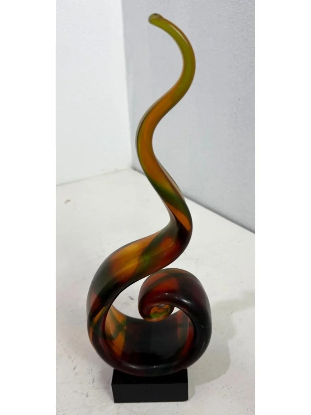 Murano Style Art Heavy Glass Swirl Music Abstract Sculpture Amber Green 14” VTG
